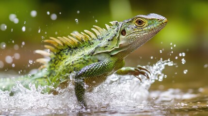 Naklejka premium Green lizard runs across water creating a splash in the sunlight