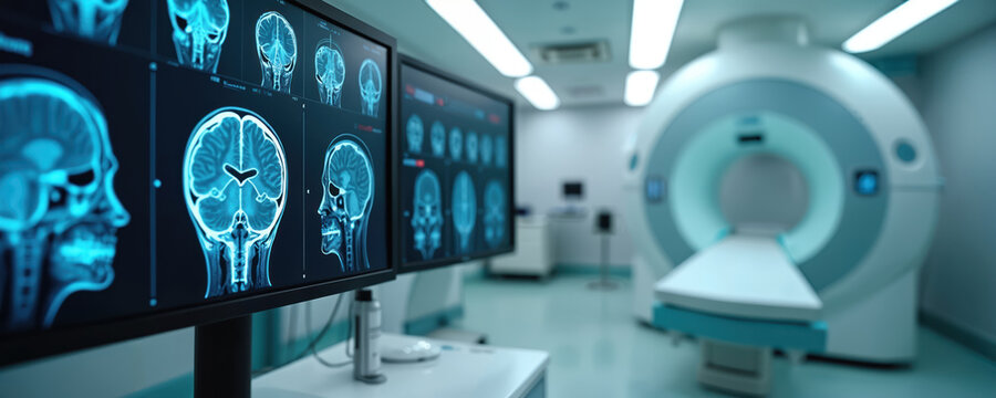 Modern medical facility features brain scans displayed on monitors. Advanced imaging tech, cutting-edge equipment in clean, high-tech environment. Brain imaging, diagnosis, research, medical