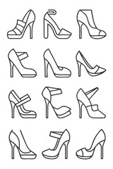 Elegant collection of high heels, vector line art