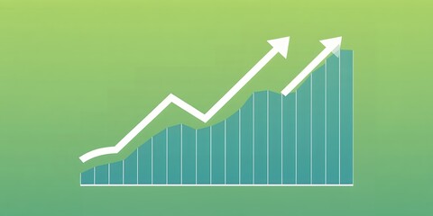 Illustration of a bar graph with two white arrows pointing upwards on a green background