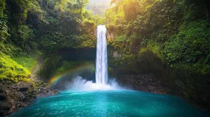 A tall waterfall cascading into a turquoise pool