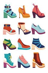 Colorful collection of women's fashion shoes illustration graphic