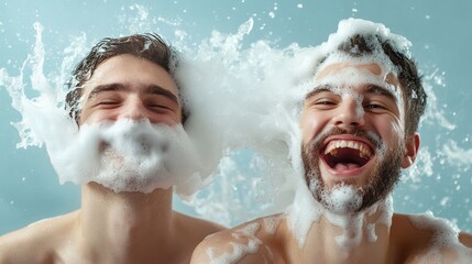 A father and son stand side by side in a bright, sunlit bathroom, both laughing joyfully.
