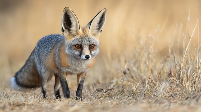 An elegant gray fox standing in a field looking ahead