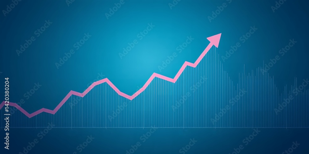 Poster pink arrow showing an upward trend on a blue background with vertical lines and numbers below
