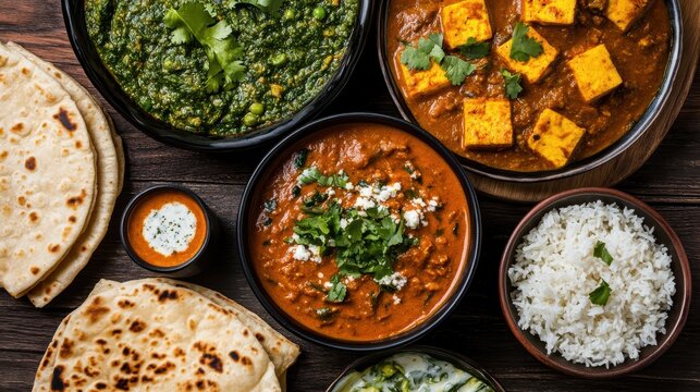 Indian Lunch / Dinner main course food in group includes Paneer Butter Masala, Dal Makhani, Palak Paneer, Roti, Rice etc, Selective focus.