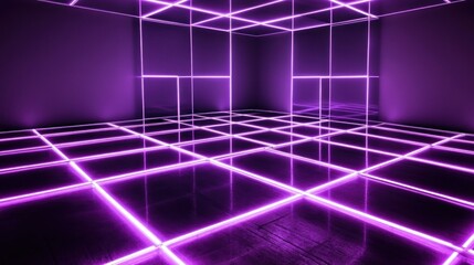 Obraz premium Neon purple gridded room, reflecting modern design.