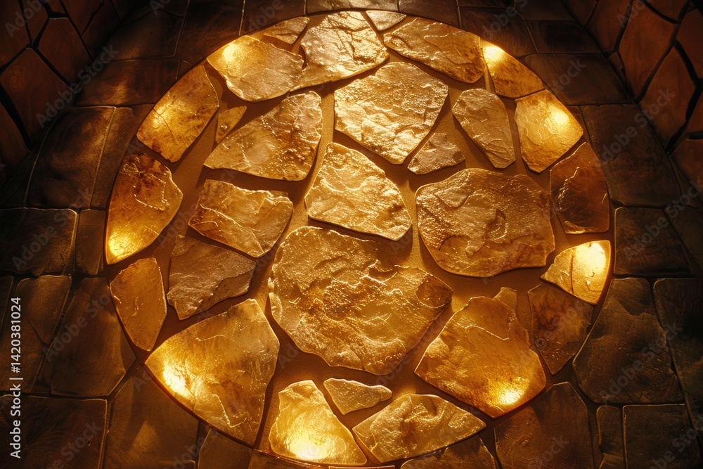 Poster a circular arrangement of illuminated, irregular stone pieces on a textured surface, creating a warm