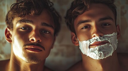 A father and son stand side by side in a bright, sunlit bathroom, both laughing joyfully.