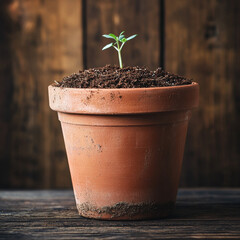 A terracotta flowerpot filled with rich soil