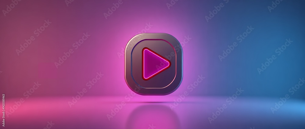 Poster illuminated play button icon with neon pink triangle on a reflective surface and colorful background