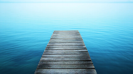 Fototapeta premium A top-down view of a wooden pier extending into water