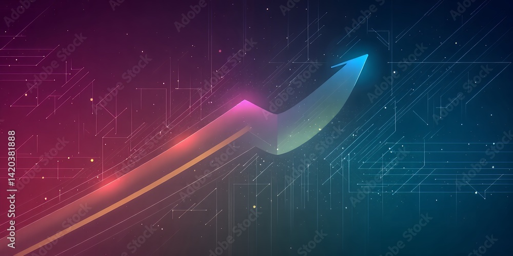 Poster abstract upward arrow with digital circuit background in red and blue gradient colors