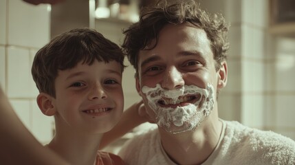 A father and son stand side by side in a bright, sunlit bathroom, both laughing joyfully.