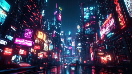 Obraz premium A vibrant, futuristic cityscape at night, illuminated by neon lights and digital billboards. The streets are wet, reflecting the colorful lights, creating a cyberpunk atmosphere.