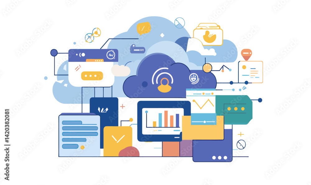 Poster comprehensive cloud data management and synchronization vector illustration