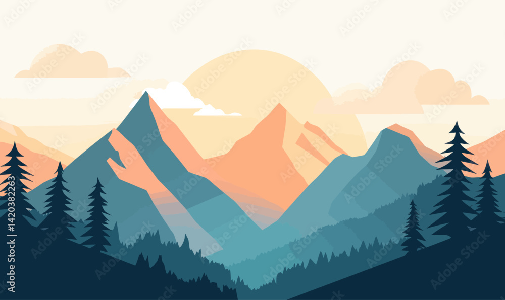 Poster flat minimalist mountain landscape with clouds and pines in vector style