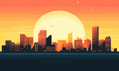 Naklejka premium Minimalistic City Skyline Against Sunrise with Modern Flat Vector Design