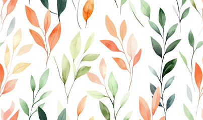Seamless Watercolor Foliage Pattern with Colorful Branches and Leaves