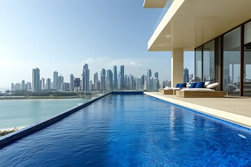 Obraz premium A luxurious infinity pool at a modern villa overlooks the Panama City , inviting relaxation and breathtaking views on a beautifully bright day.