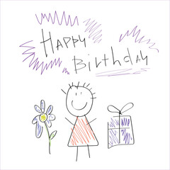 Charming hand-drawn birthday card featuring a girl with a flower and gift. Created in a playful childlike pencil style, perfect for heartfelt greetings. Cute, creative, and full of innocence