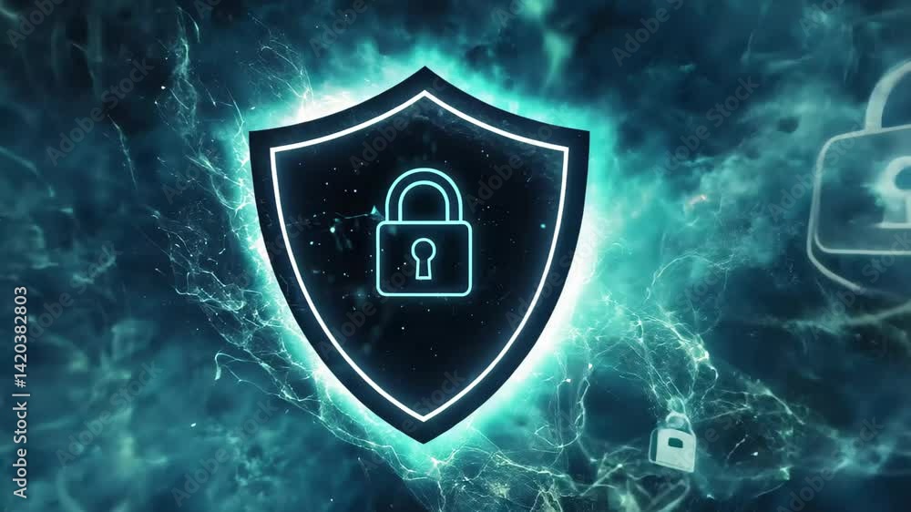 Aufkleber visual representation of digital security with a padlock in a glowing shield over a stormy backdrop,