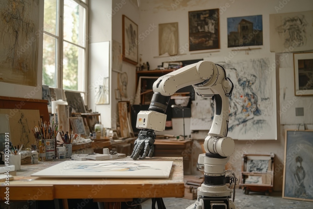 Poster a robot assistant is integrated into an artists studio, where it begins creating its own pieces of a
