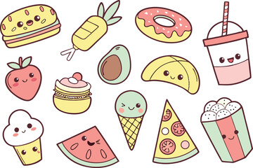 Cute Boba Tea and Donut Clipart Collection. Adorable Kawaii Meal Clipart for Kids Décor. Kawaii Breakfast Doodles for Digital. Sweet Treat Kawaii Clipart Set for Printable