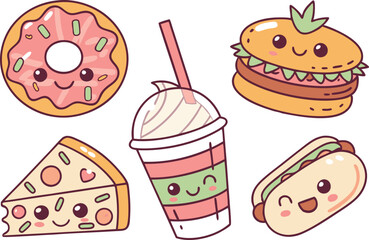 Cute Boba Tea and Donut Clipart Collection. Adorable Kawaii Meal Clipart for Kids Décor. Kawaii Breakfast Doodles for Digital. Sweet Treat Kawaii Clipart Set for Printable