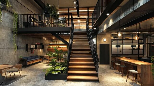 Modern industrial loft interior with wooden stairs, plants, and open seating