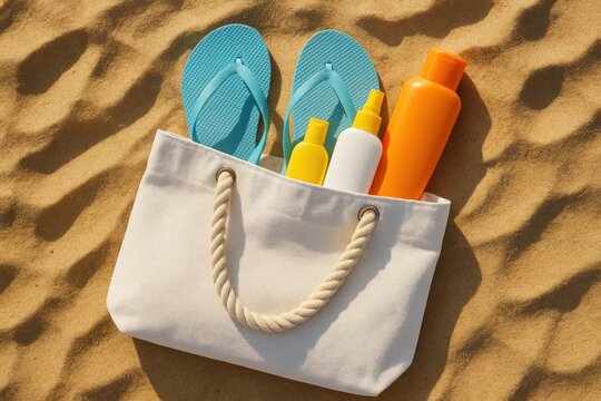 White beach bag filled with sunscreen bottles and blue flip-flops placed on sunlit sandy surface, ready for a day in the sun. Beach bag with sunscreen and flip-flops on sand

