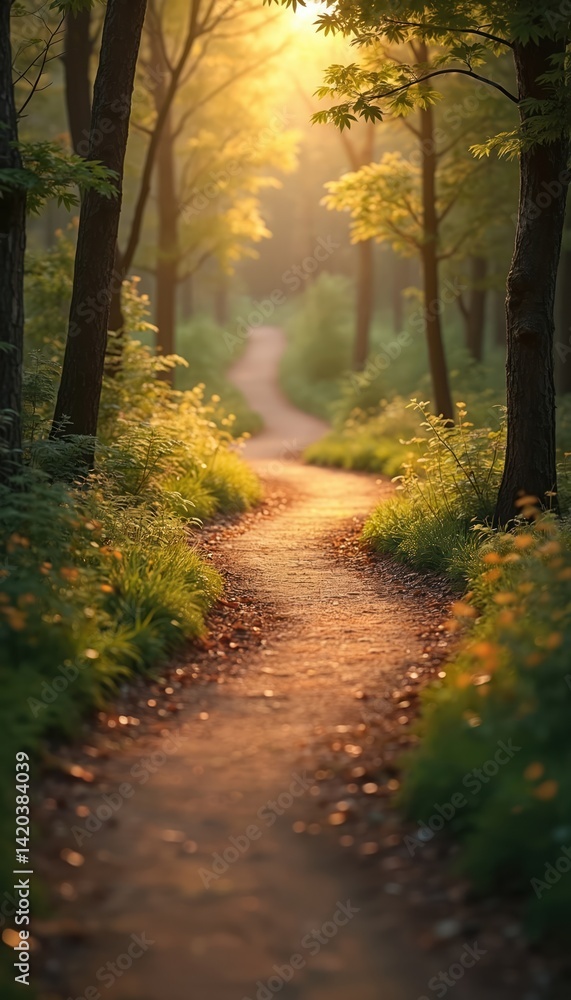 Poster woodland path with soft light and calming colors. trail curves through trees. sunlight filters creat