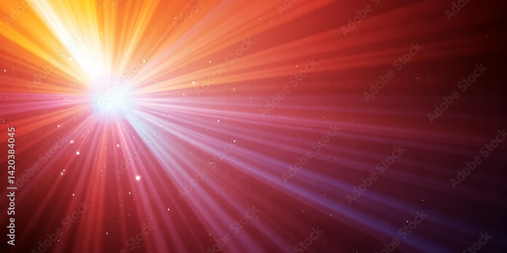 Poster radiant light beams emanating from a central point against a gradient background of red and orange
