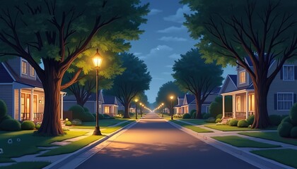 Fototapeta premium Peaceful night scene suburban street. Houses with soft exterior lights casting shadows, inviting nighttime atmosphere. Street lamps illuminate road, creating serene neighborhood scene. Tranquil