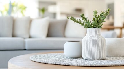 Vases and Greenery on Round Table, minimal design , home decor