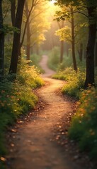 Woodland path with soft light and calming colors. Trail curves through trees. Sunlight filters creating peaceful serene natural scene. Nature background, hiking trail, forest walk.