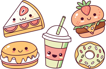 Cute Boba Tea and Donut Clipart Collection. Adorable Kawaii Meal Clipart for Kids Décor. Kawaii Breakfast Doodles for Digital. Sweet Treat Kawaii Clipart Set for Printable