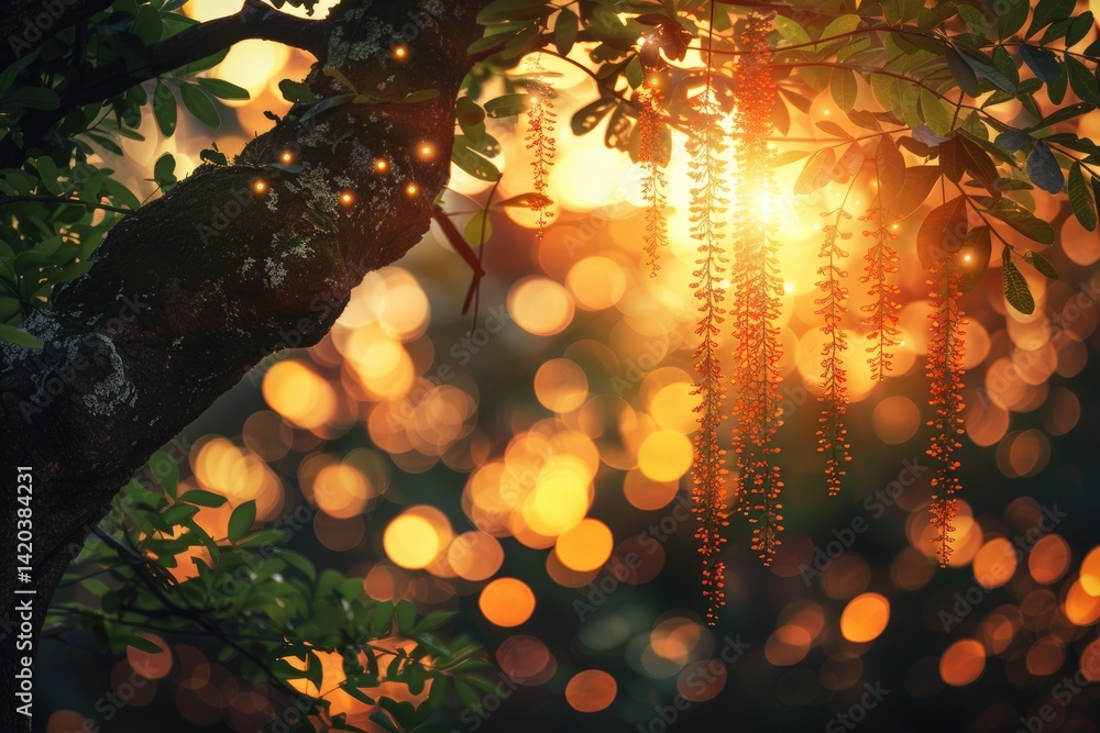 Poster a serene sunset scene with glowing bokeh lights filtering through tree branches adorned with delicat