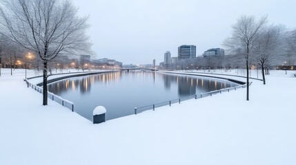 Winter park by the river, snow-covered landscape.  