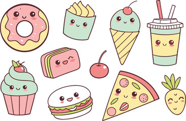 Cute Boba Tea and Donut Clipart Collection. Adorable Kawaii Meal Clipart for Kids Décor. Kawaii Breakfast Doodles for Digital. Sweet Treat Kawaii Clipart Set for Printable