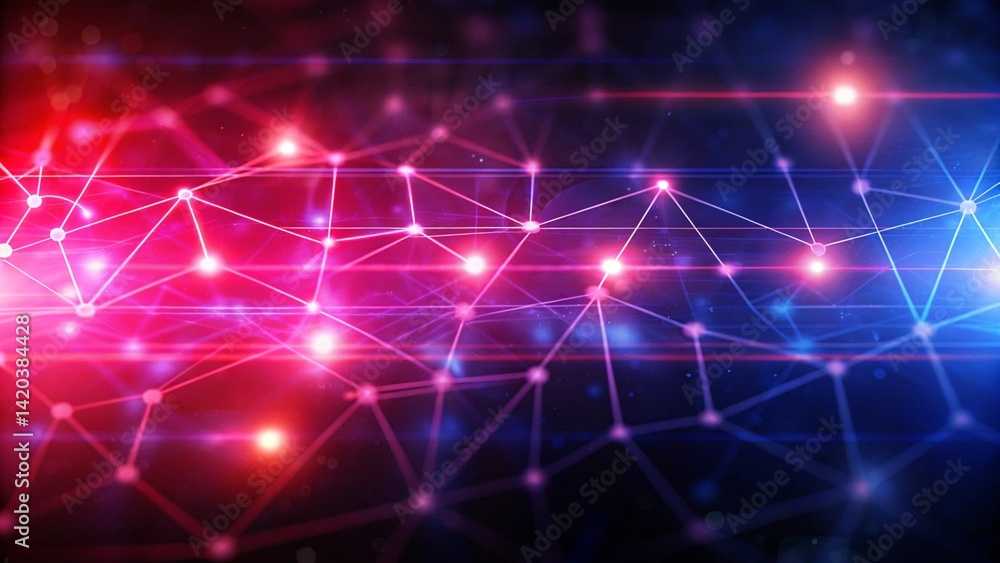 Poster illustration purple technology background with glowing connected dots, futuristic digital data netwo