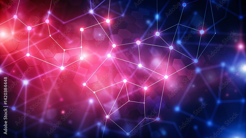 Poster illustration purple technology background with glowing connected dots, futuristic digital data netwo