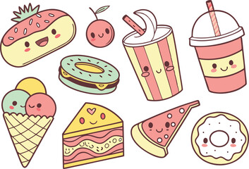 Cute Boba Tea and Donut Clipart Collection. Adorable Kawaii Meal Clipart for Kids Décor. Kawaii Breakfast Doodles for Digital. Sweet Treat Kawaii Clipart Set for Printable
