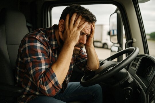 Male truck driver in plaid shirt showing frustration and stress, sitting in the cab of a parked truck with hands on head. Stressed truck driver sitting in vehicle cabin

