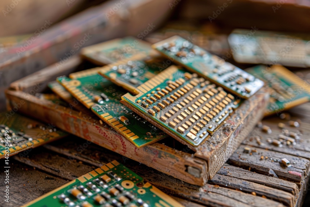 Poster a close-up view of old circuit boards resting on a wooden surface, showcasing intricate pathways and