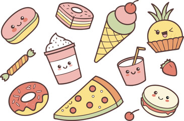 Cute Boba Tea and Donut Clipart Collection. Adorable Kawaii Meal Clipart for Kids Décor. Kawaii Breakfast Doodles for Digital. Sweet Treat Kawaii Clipart Set for Printable