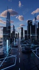 "Futuristic digital cityscape with smart city infrastructure – 3D futuristic digital city scene with advanced technology – Futuristic digital city concept design with AI and data integration"

