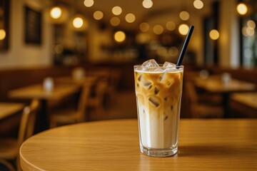 Cold iced latte with milk served in a clear glass with a straw, placed on a wooden table inside a cozy coffee shop.
