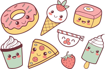 Cute Boba Tea and Donut Clipart Collection. Adorable Kawaii Meal Clipart for Kids Décor. Kawaii Breakfast Doodles for Digital. Sweet Treat Kawaii Clipart Set for Printable