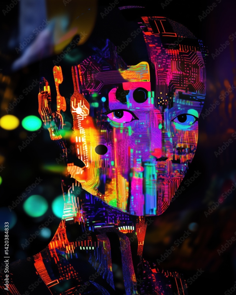 Poster a vibrant, abstract representation of a humanoid figure with a digital circuit pattern overlay. the 